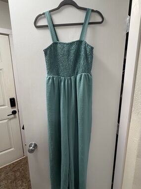 Smocked Bodice Wide-Leg Jumpsuit in Seafoam Green